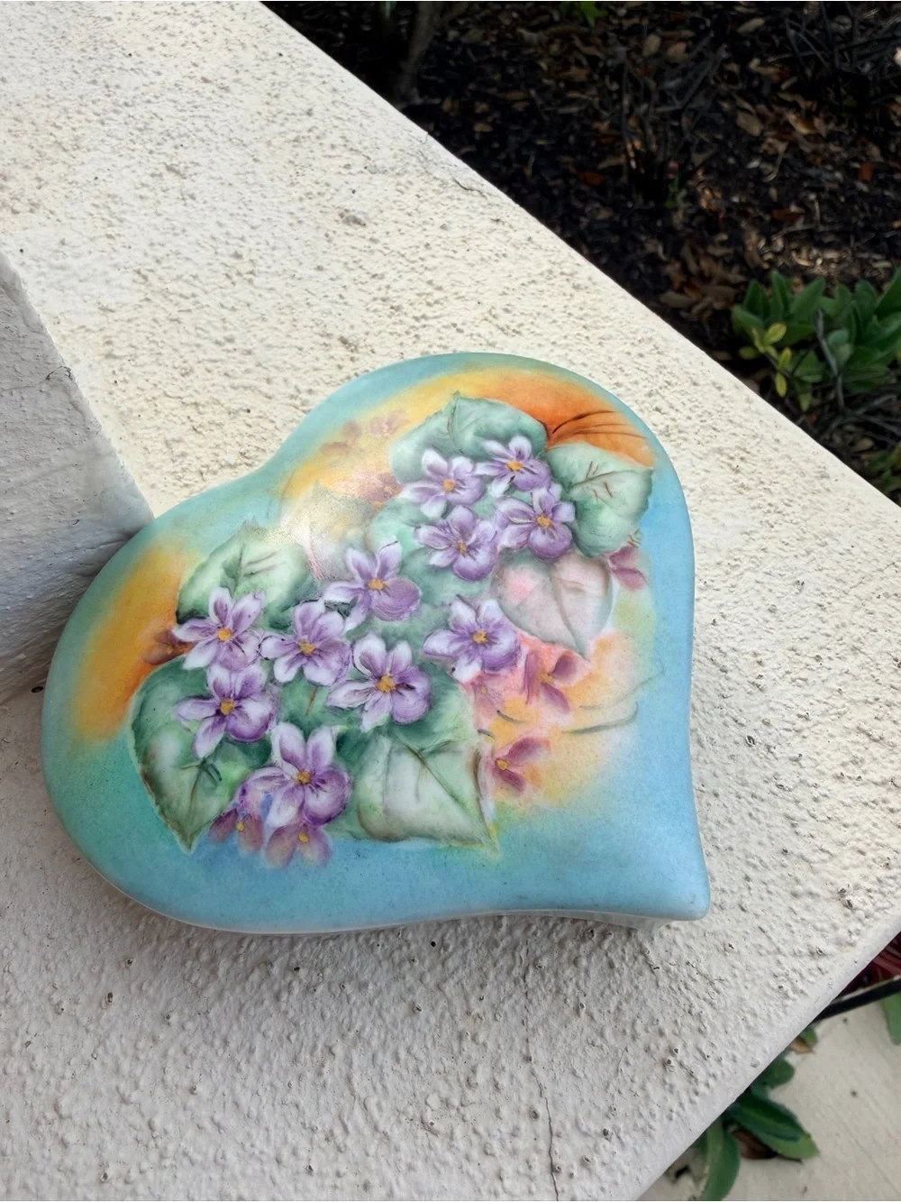 Vintage Hand Painted Porcelain Heart Trinket Box Purple Violets Floral Aqua